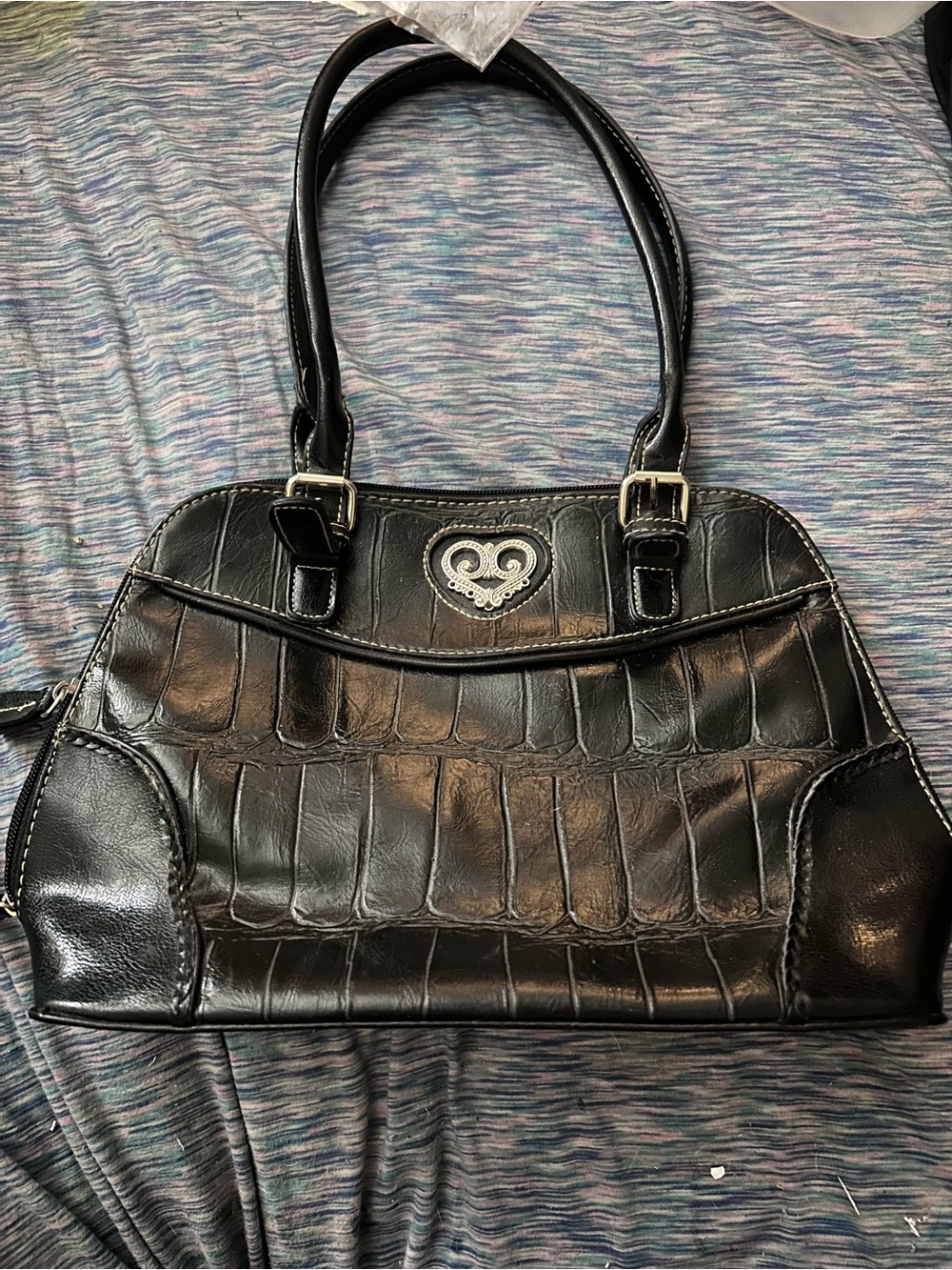 Brighton Black Croc-Embossed Shoulder Bag with Heart Emblem